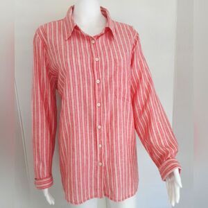 D&Co Denim & Co Flax Linen | Cotton Red White Striped Button-Down Shirt Sz XL